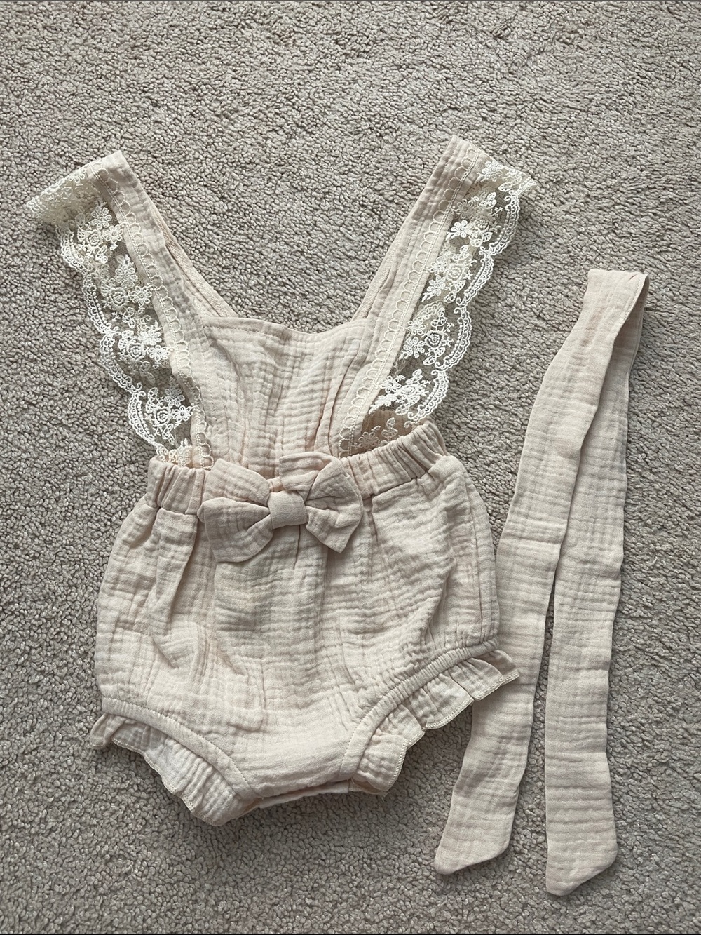 Cream Baby Bow Romper with Lace Straps